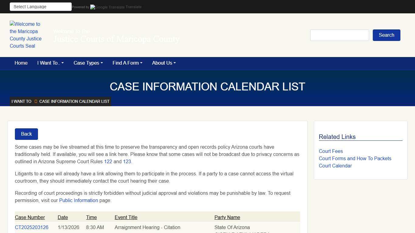 Justice Court Calendar