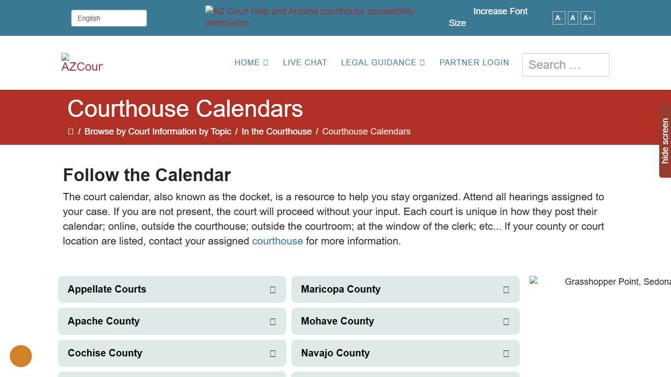 Online calendars (dockets) for Arizona courthouses, by county.